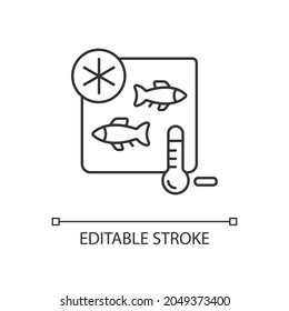Fish Storing Linear Icon. Keep Cool To Save Quality. Seafood Storage. Freezing Fish For Trade. Thin Line Customizable Illustration. Contour Symbol. Vector Isolated Outline Drawing. Editable Stroke