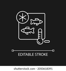 Fish Storing White Linear Icon For Dark Theme. Keep Cool To Save Quality. Freezing Fish For Trade. Thin Line Customizable Illustration. Isolated Vector Contour Symbol For Night Mode. Editable Stroke