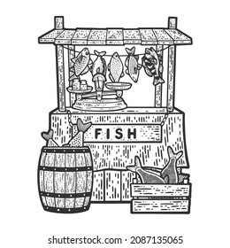 fish street trade shop sketch engraving vector illustration. T-shirt apparel print design. Scratch board imitation. Black and white hand drawn image.
