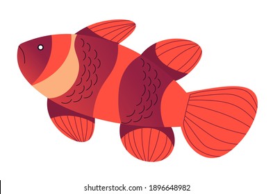 Fish with stripes and fins, isolated floating marine creature. Aquarium animal or underwater sea or ocean dweller. Swimming character, scuba diving and snorkeling on vacation. Vector in flat style