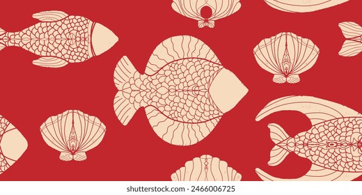 Fish. Stylized linocut texture. Textured print. Vector overlapping seamless pattern