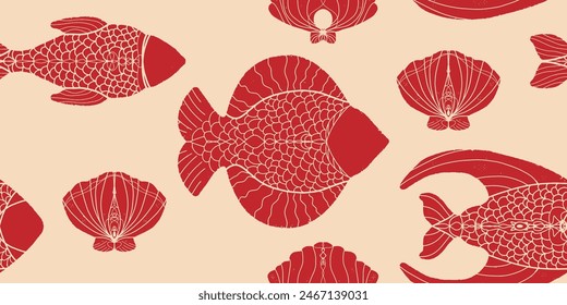 Pescado. Textura de linóculo estilizada. Estampado texturizado. Vector que se superpone sin patrón