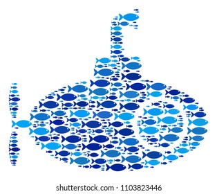 Fish submarine tour mosaic in blue color variations. Vector fish items are shaped into submarine tour abstraction. Nautical design concept.