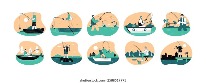 Fish successfully caught by eating bait from fishing rod, outline style, green and orange, fishing vector illustration.