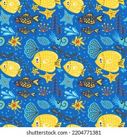 Fish summer seamless vector pattern. Kid cartoon cute background.