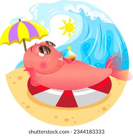 fish sunbathing on beach with sea waves