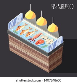 Fish superfood isometric background with fresh products on ice counter vector illustration 