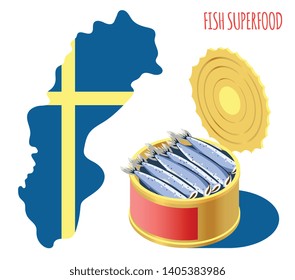 Fish superfood isometric composition with open tin can full of small fish vector illustration 