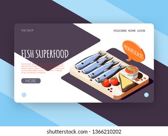Fish superfood landing page for online shop advertising with fresh delicacies isometric icons vector illustration