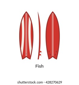 Fish surf board vector icon isolated on white background. Surfer fishboard illustration. Classic surfboard. Surfing desk red color image in flat design.