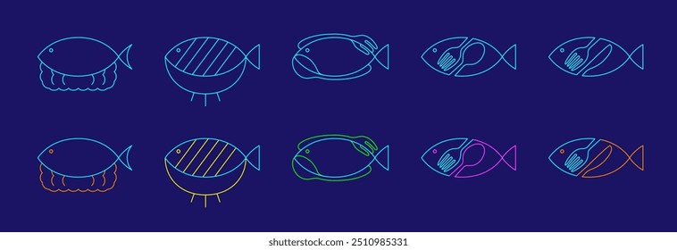 Fish, sushi, grill, fork, spoon and knife restaurant logo icon editable stroke set line design vector illustration isolated on dark blue background
