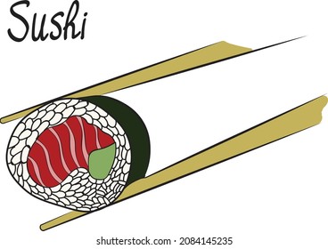 Fish, sushi rolls, vector hand drawn isolated illustration on bright background. Concept for logo, print, icon, menu