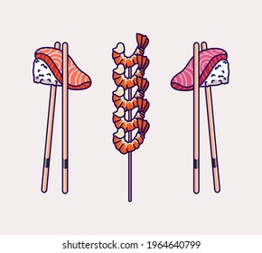 Fish Sushi and Shrimp Skewer Vector. Tuna and Salmon Sushi Illustration