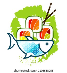 Fish and sushi silhouette with chopsticks