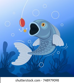 Fish swallows bait. Fishing concept. Vector flat cartoon illustration