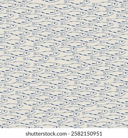 Fish swarm vector seamless pattern for wallpaper design, backgrounds, scrapbooking, wrapping, package. Cute flat illustration of sealife. Fisherman aesthetic.