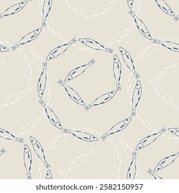 Fish swarm vector seamless pattern for wallpaper design, backgrounds, scrapbooking, wrapping, package. Cute flat illustration of sealife in retro vintage style. Fisherman aesthetic.
