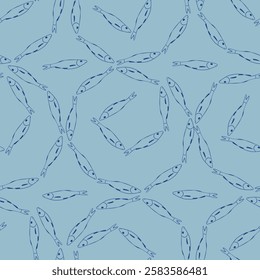 Fish swarms swiming in circles vector seamless pattern. Fish swim wallpaper background in retro vintage style. Fisherman aesthetic design for textile.