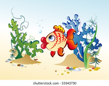 Fish swim among the algae and rocks on the seabed. Vector.