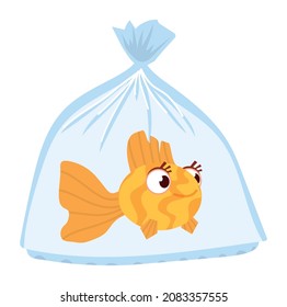 Fish swim in plastic bag. Cartoon goldfish in water