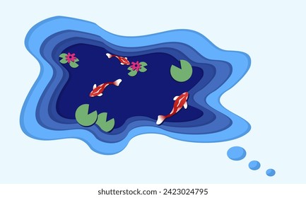 fish swim in pool with layered style illustration. water paper cut out background vector template.