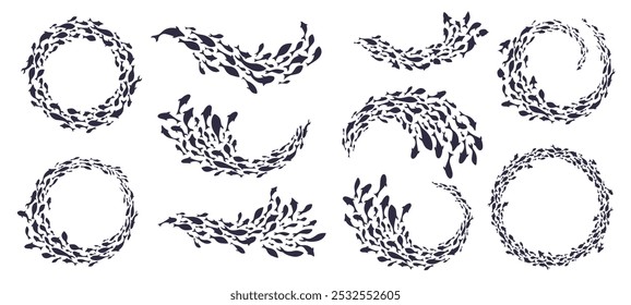 Fish swim in schools silhouette. Shoal of fish or tuna swarm in circular, spiral and wave shape. Marine life circle frame for aquarium, seafood or fishery emblem design. Isolated vector set.