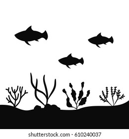 fish swim in the sea bottom near the seaweed and coral silhouette vector