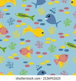 Fish swim in the sea. Fish on the seabed. Ocean