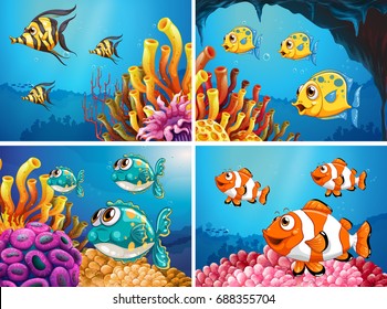 Fish swim under the ocean illustration