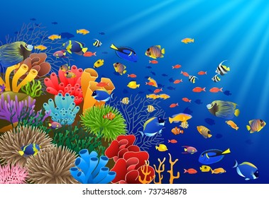 Fish swim in the underwater and coral. Vector illustration