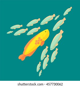 The Fish Is Swimming Against The Common Current, Colorful Vector Flat Illustration