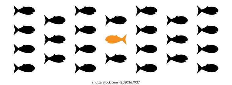 A fish swimming against a crowd of fish in the other direction. A concept showing individual thinking, one's own unimposed personal path and achievements.