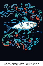 fish swimming among abstract flowery lines of waves on a dark blue background