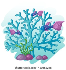 Fish swimming around the coral reef illustration