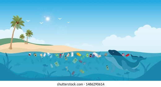 Fish swimming in the ocean full of garbage. The sea is polluted with household garbage. Plastic bottles and packaging are floating in the waves.Environmental disaster concept Vector illustration.