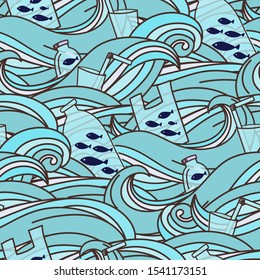 Fish Swimming In A Ocean Full Of Garbage. Plastic Garbage, Bag, Bottle, Plastic Conteners, Straws And Cutleryin The Ocean. Vector Illustration. Seamless Pattern Background