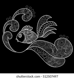 Fish swimming over the waves.Doodles art. Printing on T-shirts, banners, posters, cover. Coloring page book for adults and children.