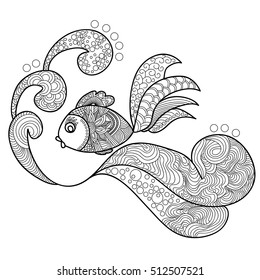 Fish swimming over the waves.Doodles art. Printing on T-shirts, banners, posters, cover. Coloring page book for adults and children.