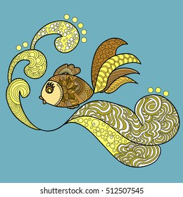 Fish swimming over the waves.Doodles art. Printing on T-shirts, banners, posters, cover. Coloring page book for adults and children.