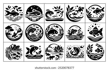 Fish swimming in a pond, vector silhouette, On a White Background