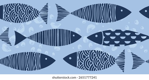 Fish Swimming Seamless pattern on Blue Background. Vector illustration.
