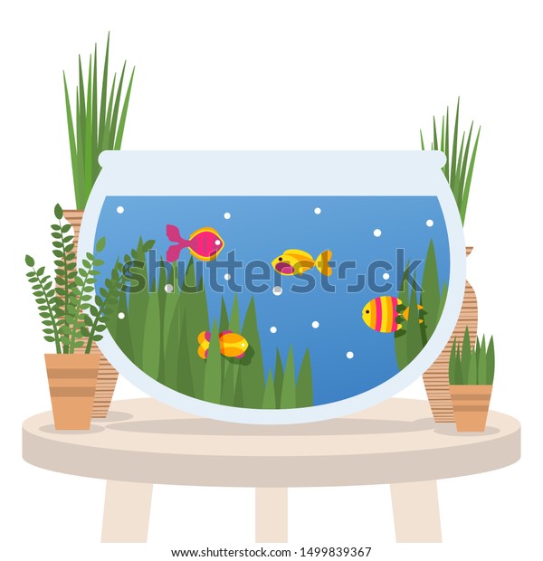 Fish Swimming Tabletop Aquarium Flat Style Stock Vector