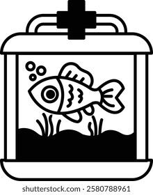 A fish is swimming in a fish tank. The tank is black and white. The fish is the main focus of the image