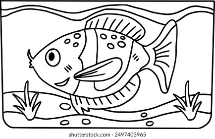 A fish is swimming in a tank with grass and rocks. The fish is smiling and has a happy expression