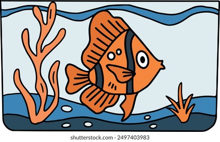 A fish is swimming in a tank with some plants and rocks. The fish is black and white