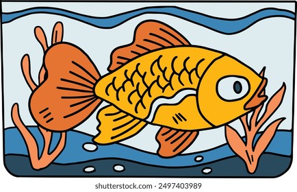 A fish is swimming in a tank with some plants and rocks. The fish is black and white