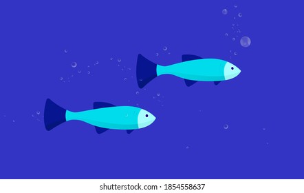 Fish swimming under water - Two fishes with bubbles in blue water.