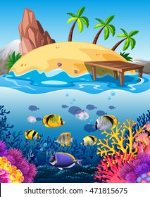 Fish swimming underwater and island illustration