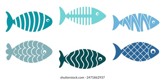 Fish swimming vector isolated illustration. Ocean or sea creatures. Fishes isolated on white. Marine animals cartoon style flat minimal vector design.