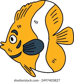 A fish is swimming in the water. The fish is black and white